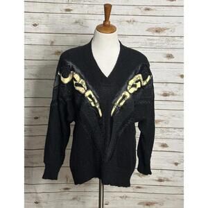 Vintage susann d mixed pattern embroidered V-neck wool-blend sweater Size Medium